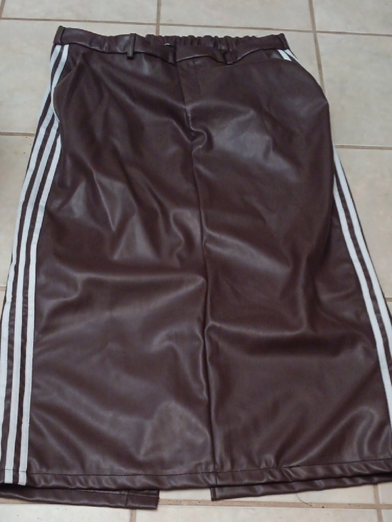isionism Dresses & Skirts - Faux Leather Maxi Skirt with Contrast Side Stripes - Brown Elastic Waste Band